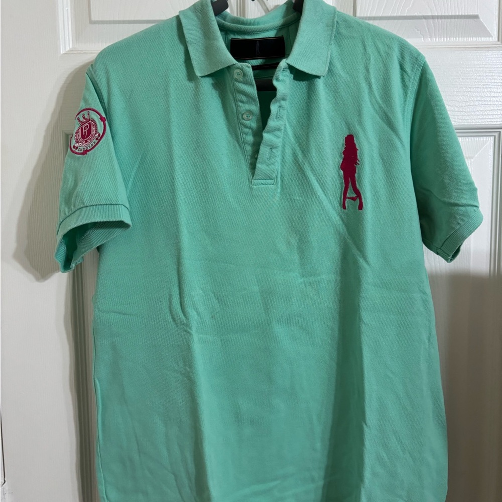 Plain Jane Mint Polo Shirt with Pink Embroidery